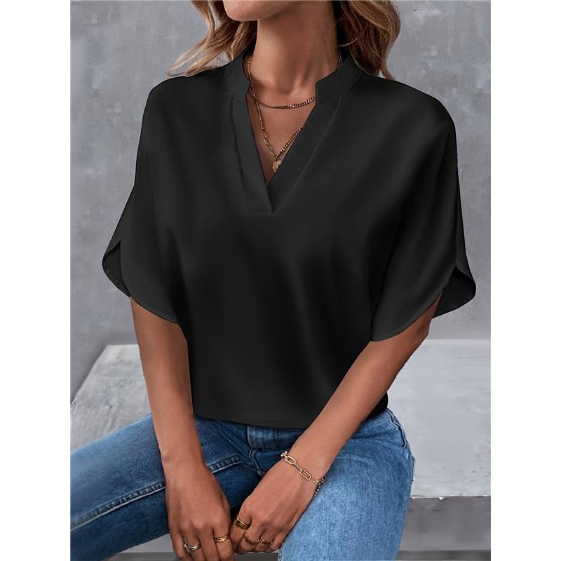 Summer Casual Solid Color V-neck Loose Shirt Blouse Women