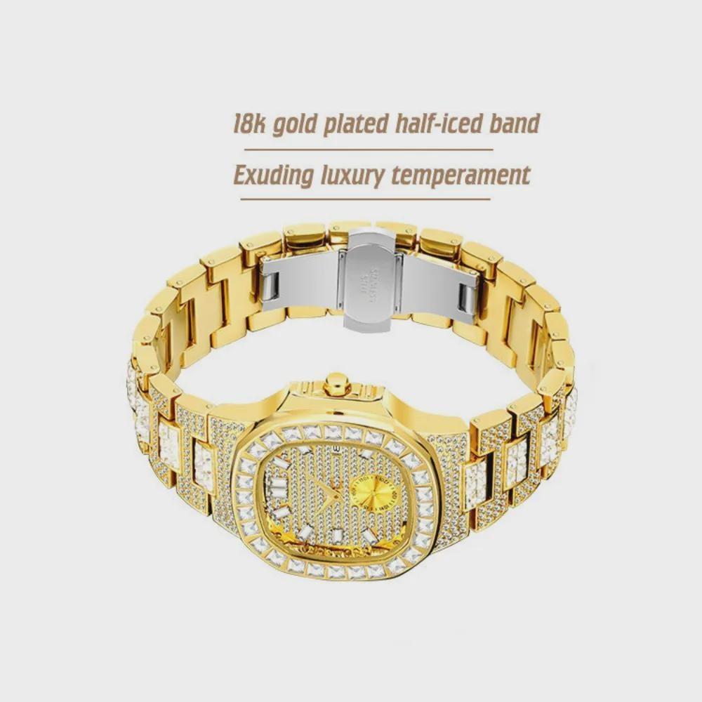 Hip Hop Iced Out Mens Watch Diamond Paved Analog Quartz Watch Waterproof Stainless Steel Luxury Wristwatch