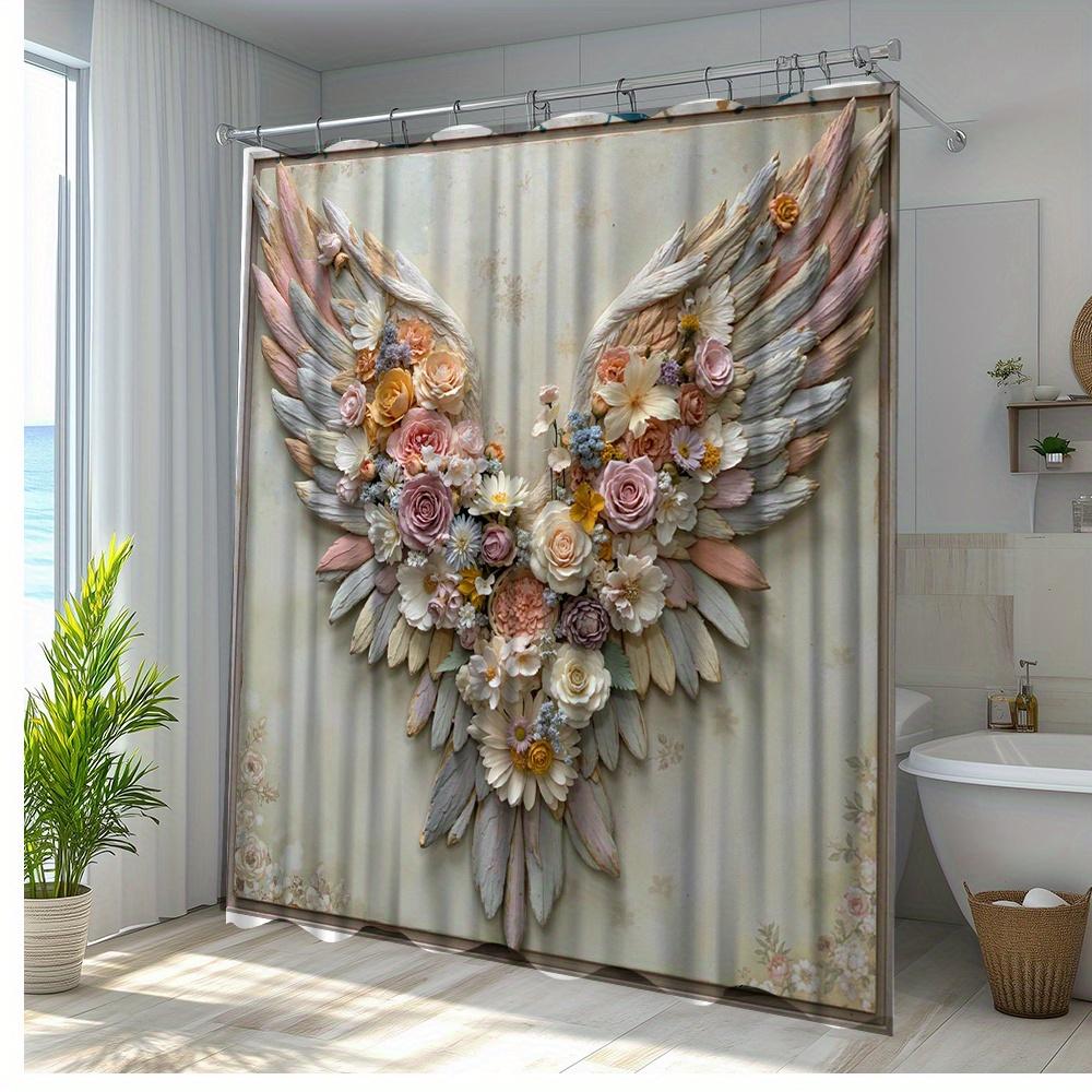 1Pc Angel Wings Floral Shower Curtain Bathroom Decor Polyester Fabric With 12 Hooks 70.8X70.8 Inches Bathtub Divider Wall Hangin