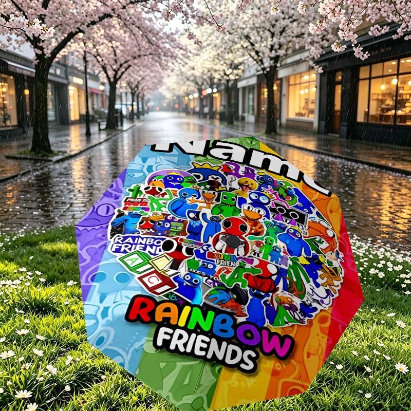 Custom Name Personalized Game Rainbow Friends Print Umbrella, Auto Open Close, 8‑Rib Sturdy Frame, Commute Camping Hiking Use, Birthday Gift