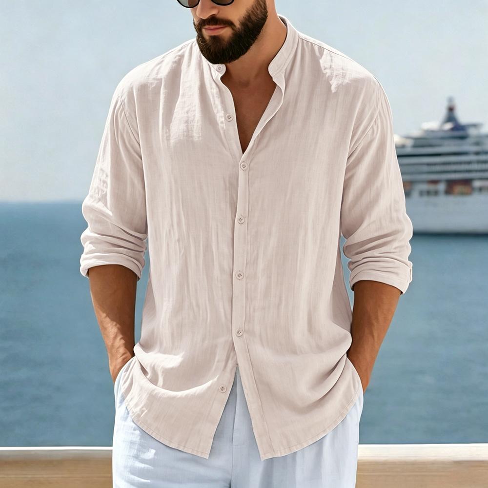 Herren Leinenmischung Mandarin-Kragen Hemd - Langarm Button-Up Lässig Lockerer Schnitt Strandurlaub Oberteil in Unifarben Beige