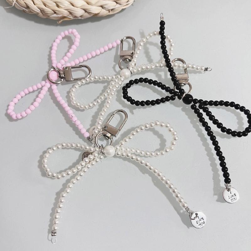 Fashion Pearl Beaded Bowknot Keychain Pendant Sweet Cool Decorations Keyring Charm for Purse Bag Backpack Handbag