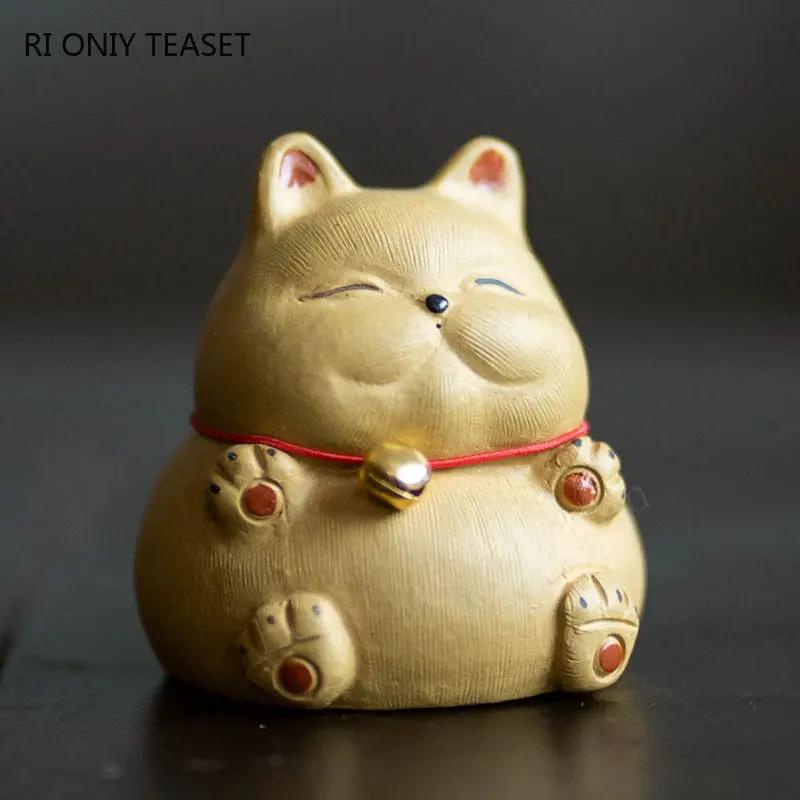 Chinese Yixing Purple Clay Tea Pet Handmade Sculpture Animal Ornaments Lucky Cat Statue Decoration Desktop Decors Crafts Tea Set