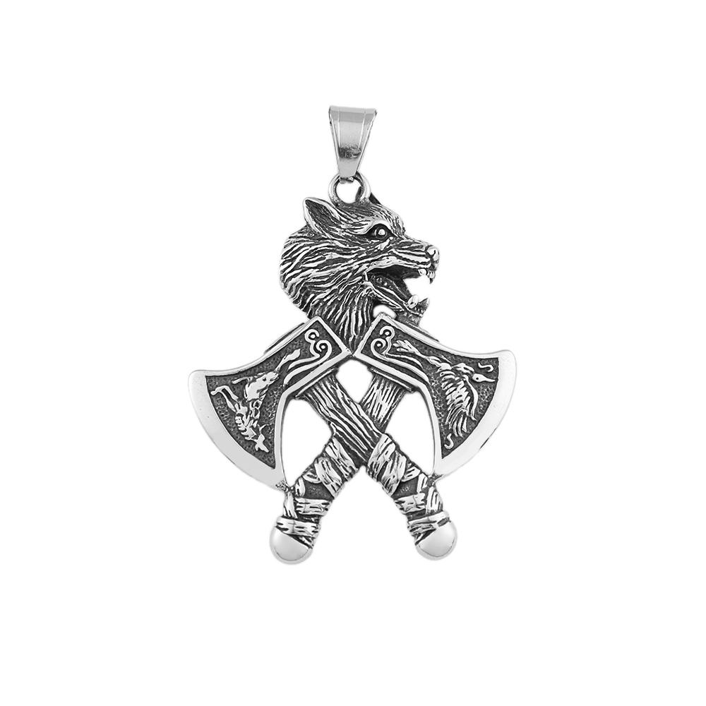 Vintage Vikings Double Axe Pendant Necklace For Men 316L Stainless Steel Classic Wolf Head Necklaces Nordic Jewelry