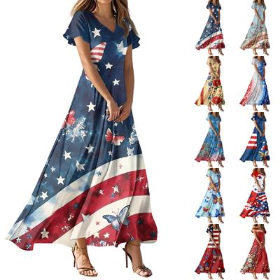 Women's Summer Casual Fashion Print Color Dresses V-Neck Short Sleeve Dresses