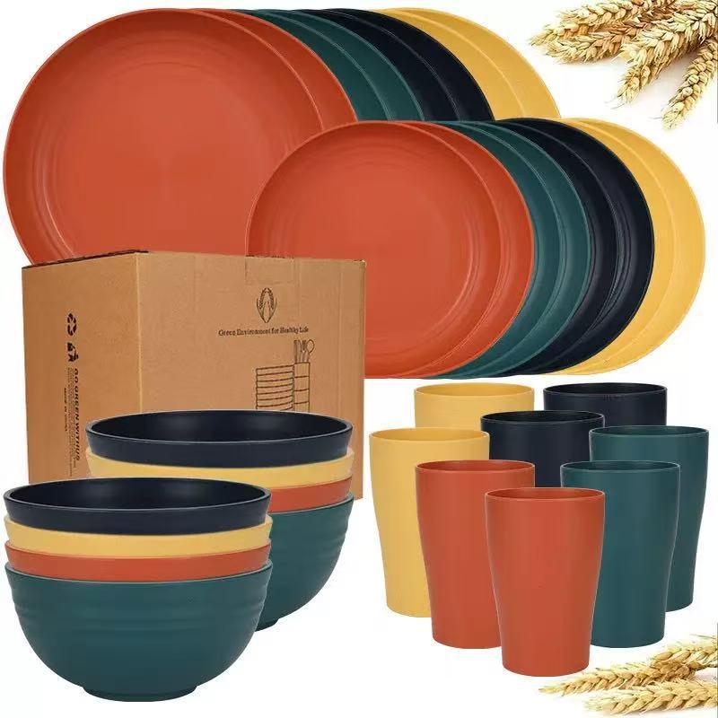 16-Piece Black Wheat Straw Tableware Set: Dinner Plates, Water Cups, Salad Bowls