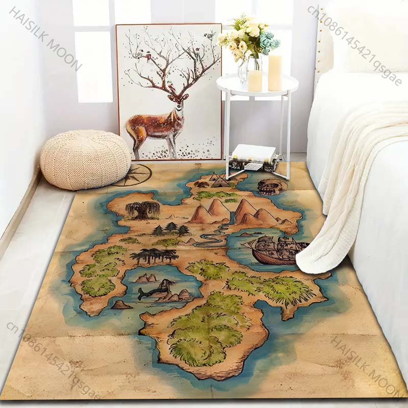 1PC Vintage Pirate Treasure Map Print Carpet for Bedroom Living Room Bedside Sofa Floor Mat Modern Home Decor Area Rug