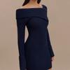 Damen Off-Shoulder Faltkragen Langarm Bodycon Mini Kleid Elegant Gerippter Strick Kurze Partykleider Frühling Herbst Pulloverkleid für Damen