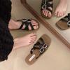 Mode 2025 Ny Sommar Öppen Tå Mode Smal Rem Dubbelknäppt Spänndesign Fyrkantig Tå Strandflipflops Platta