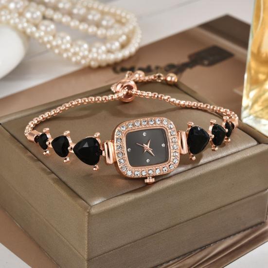 Women Rhinestone Bracelet Watch Small Square Dial Analog Quartz Wrist Watch Love Heart Chain Ladies Dress Watch with Adjustable