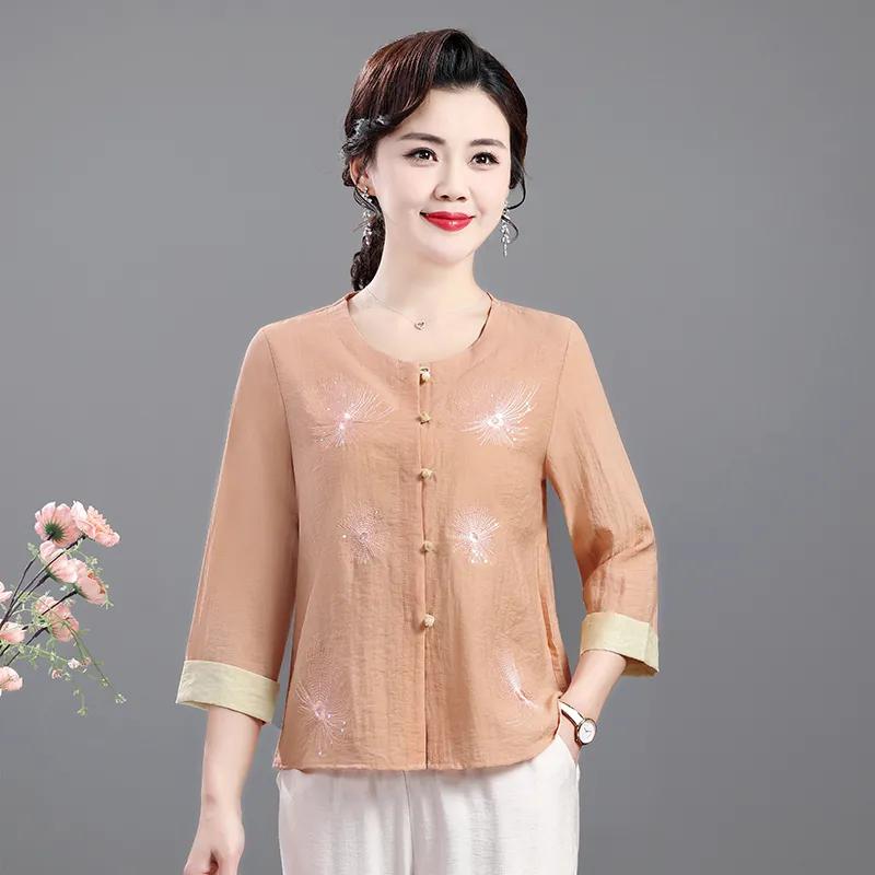 

Women s 3/4 Sleeve Embroidered Sequin Button Down Shirt For Middle Aged XL оранжевый