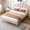 Velvet, upholstered bed, 140*190 cm, double bed, shell-shaped bed with gold iron legs, height-adjustable headboard, wooden slatted base, pink