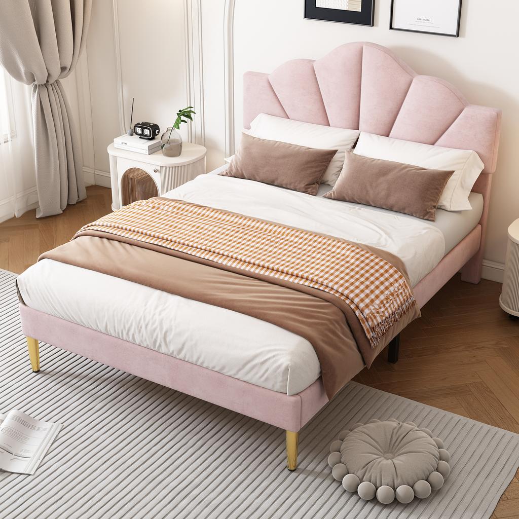 Velvet, upholstered bed, 140*190 cm, double bed, shell-shaped bed with gold iron legs, height-adjustable headboard, wooden slatted base, pink