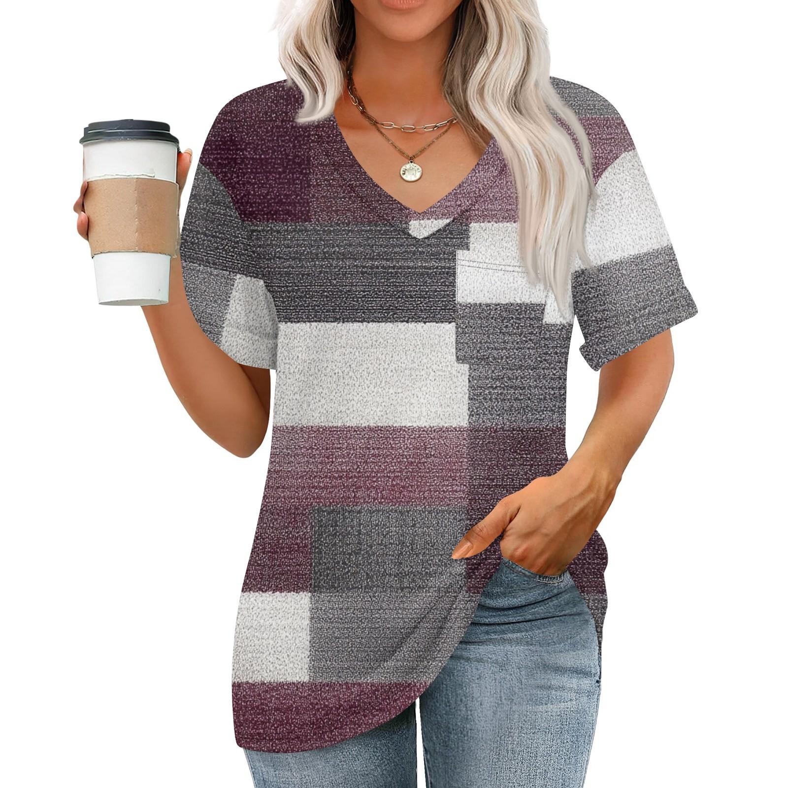 

Женские топы с V-образным вырезом и коротким рукавом Блузки Повседневные модные принты Туники Топы с карманами XL винный