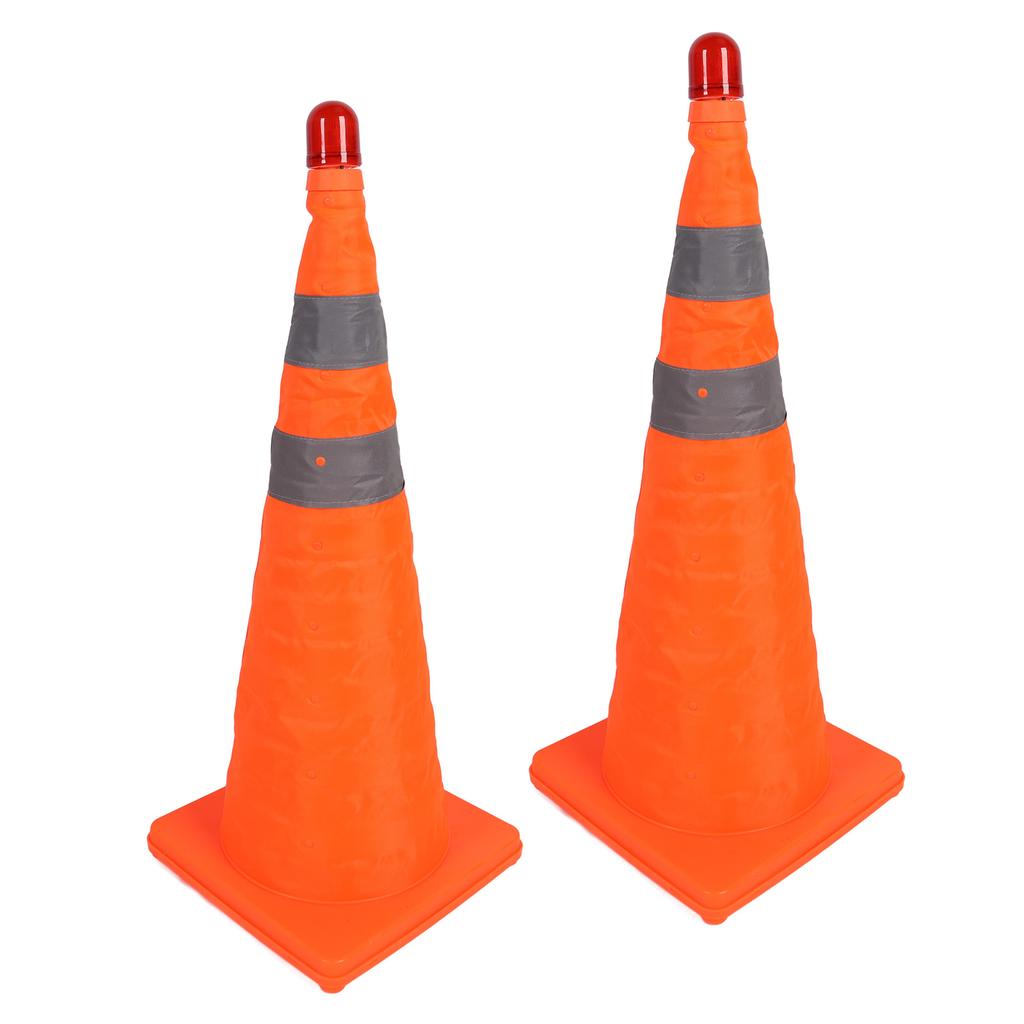 2 Set Traffic Cones Foldable 360 Degrees  Reflective Strips Road Safety Cones with Warning Light 70CM