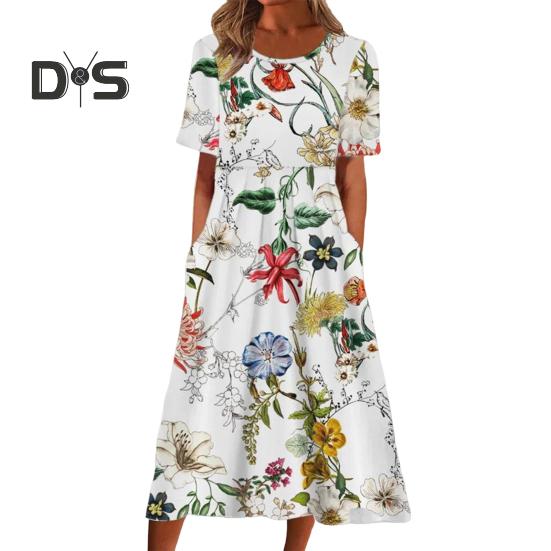 Women's Summer Short Sleeve Dress Casual Floral Print Round Neck Midi Dress with Pockets Flowy A-line Beach Sundress
