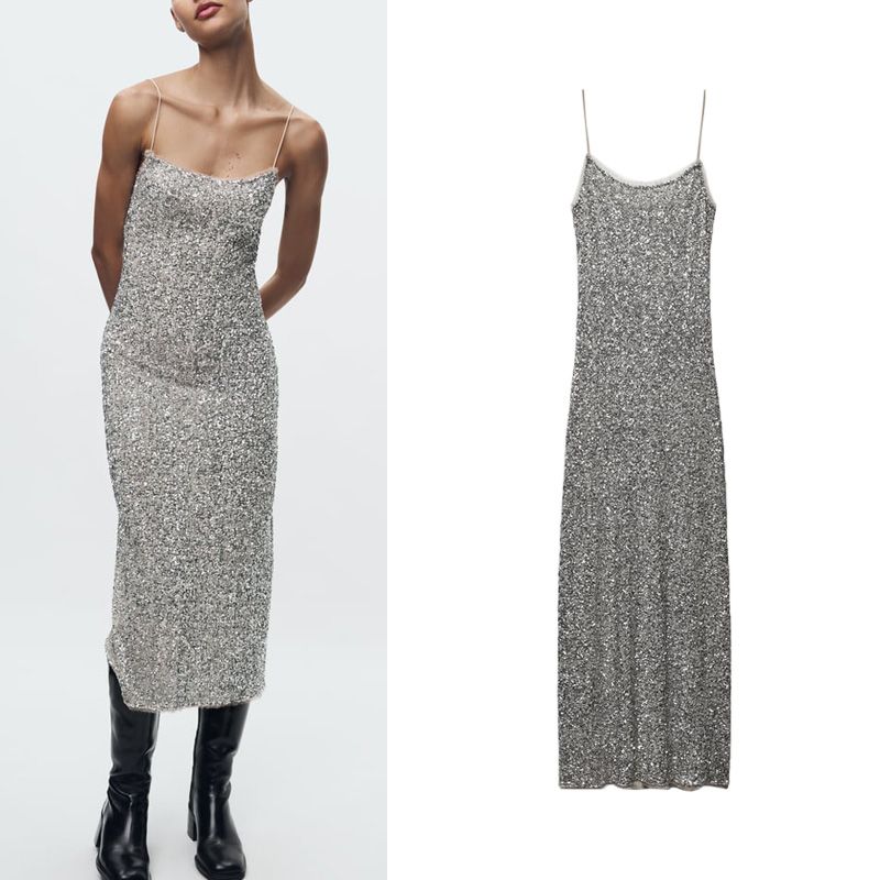 Za Autumn New Camisole Round Neck Sexy Slimming Dress Beads Decoration Underwear Style Dress 9204110