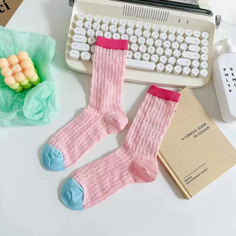 4 Pairs Women Color Blocked Mid Tube Socks Summer Thin Hollow Mesh Breathable Sweet Style Soft Comfortable Casual Socks
