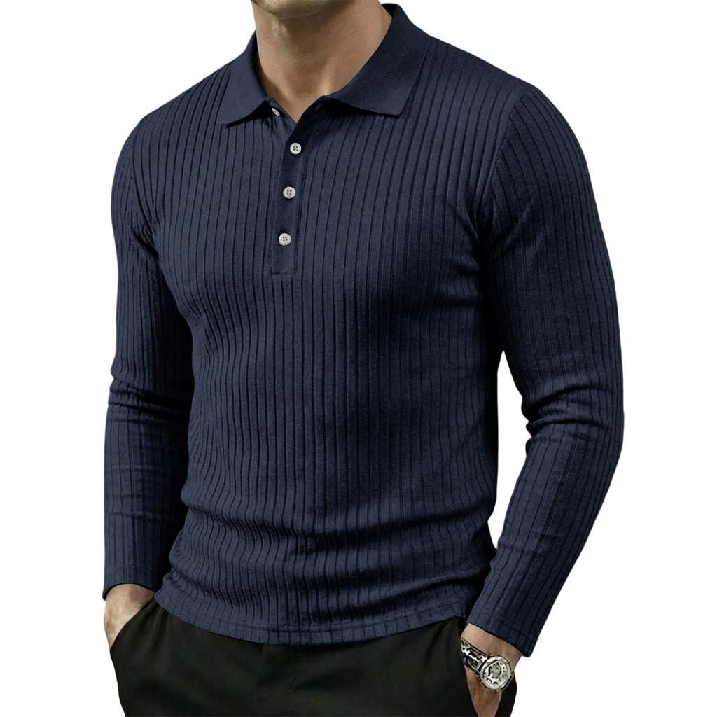 Men's Long Sleeve Polo Shirt Ribbed Texture Casual Lightweight Breathable Sport Top with Button Placket Classic Collar for Spring Autumn