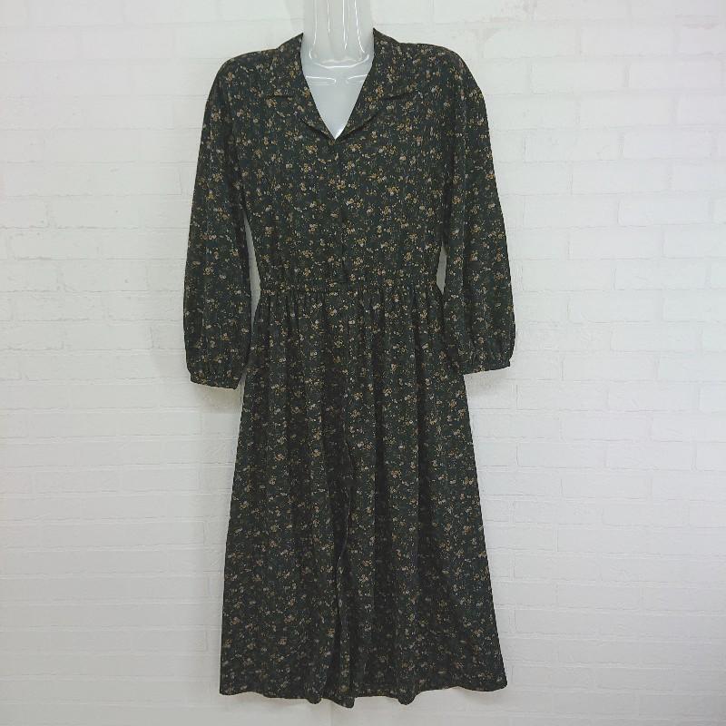 earth musicecology open collar floral pattern long sleeve below knee length dress size F black yellow multi women s P [Used]