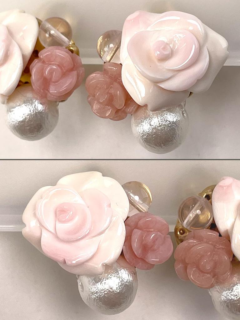Queen Conch Shell Pink Opal Rose Rose Quartz Cotton Pearl Earrings with Silicone Cover Natural Stone Power Stone A1104 [Cherry]