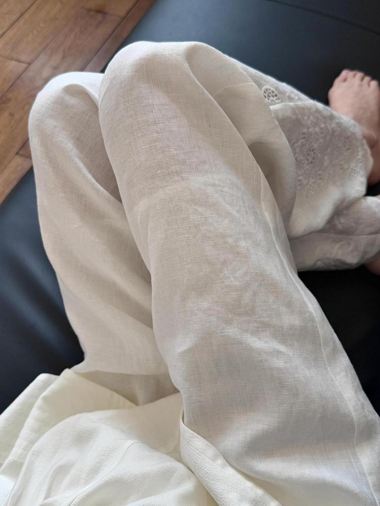 Women's Off-White Linen Wide-Leg Pants with Summer Embroidery and Lace
