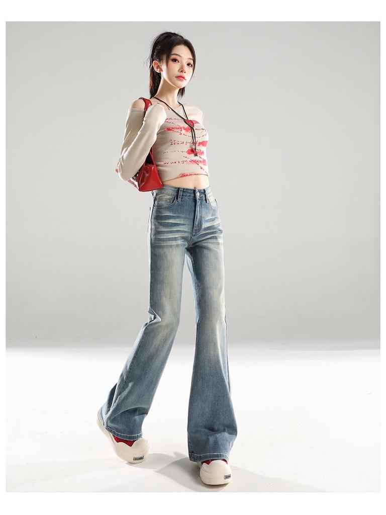 American Retro Mid-Waist Micro-Flare Jeans for Women - 2025 Autumn, Loose Fit, Crease Design