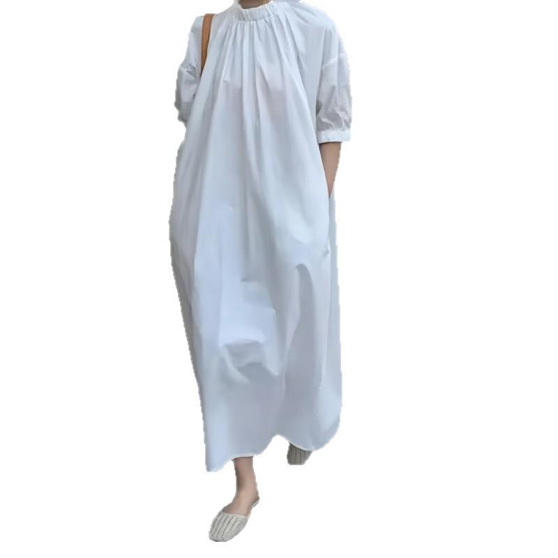 Japanese Loose Stand Collar Zipper Short Sleeve A-line Ankle-length Dress for Women - Spring Collection
