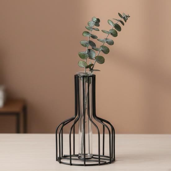 Vase décoratif en verre avec support en fil pour vase tube à essai en métal Transparent avec cadre en fer forgé doré
