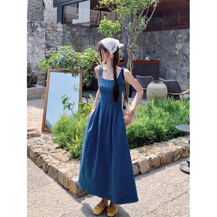 

Синя джинсова сукня-топ без рукавів для жінок Весна Літо Новий Стиль Квадратний виріз Облягаючий Французький Стиль Довга Сукня XL синій