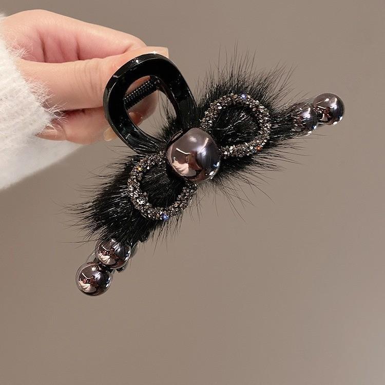 2025 New Year Red Plush Pearl Claw Clip - Stylish Women's Shark Hairpin Accessory for Buns and Hair Styling