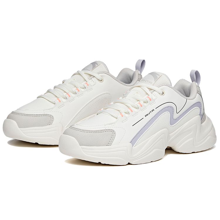 Anta Lifestyle Series Fabric Synthetic Leather Wear-Resistant Non-Slip Shock Absorbing Low-Top Dad Shoes Women Sneaker White Purple 122048881-1