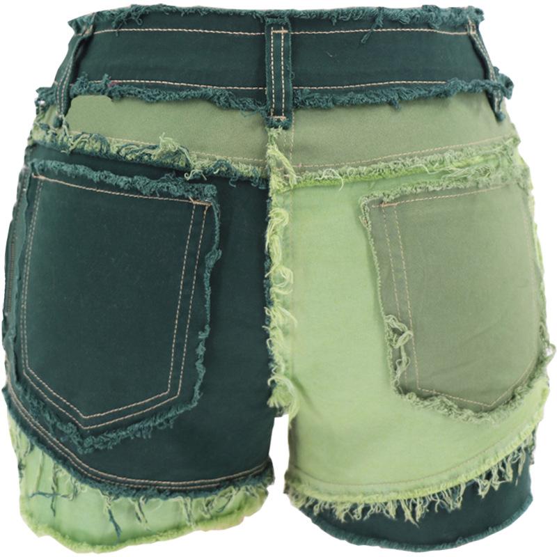 2024 Summer Women's Shorts Multi Color Panel Elastic Women's Denim Shorts