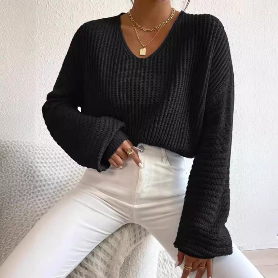 Herbst 2025 Einfarbiger V-Ausschnitt Laternenärmel Damen-Pullover