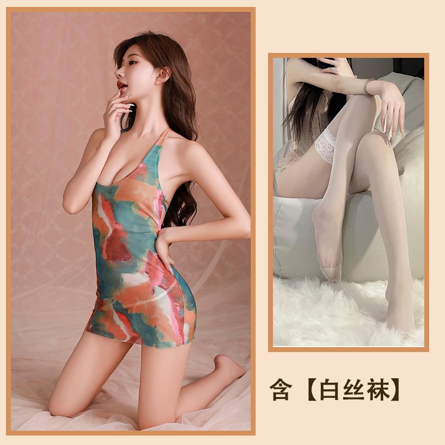 Sex Underwear Deep U Dew Ditch Smudge Printing Hip Skirt Summer Colorful Swimsuit Perspective Temptation Nightdress Woman