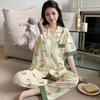 Tulip Color Matching Pajamas Women's Summer Short-sleeved Trousers Medium Mother Thin Cardigan Large Size Loungewear