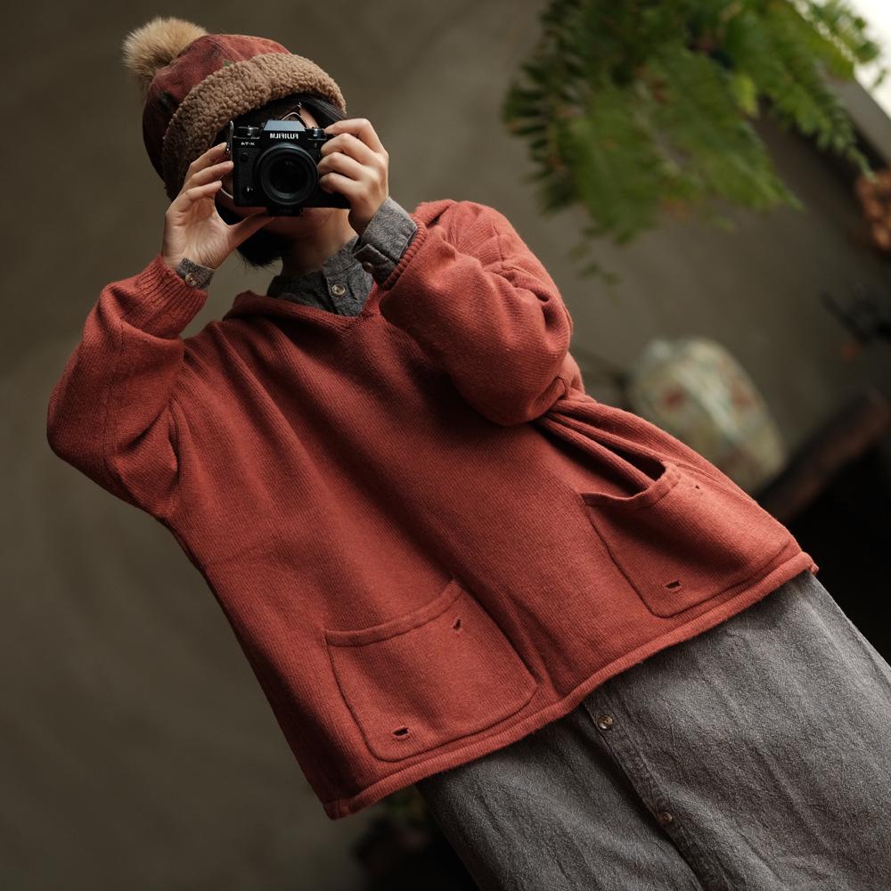Vintage Wool V-neck Hooded Sweater in Orange
