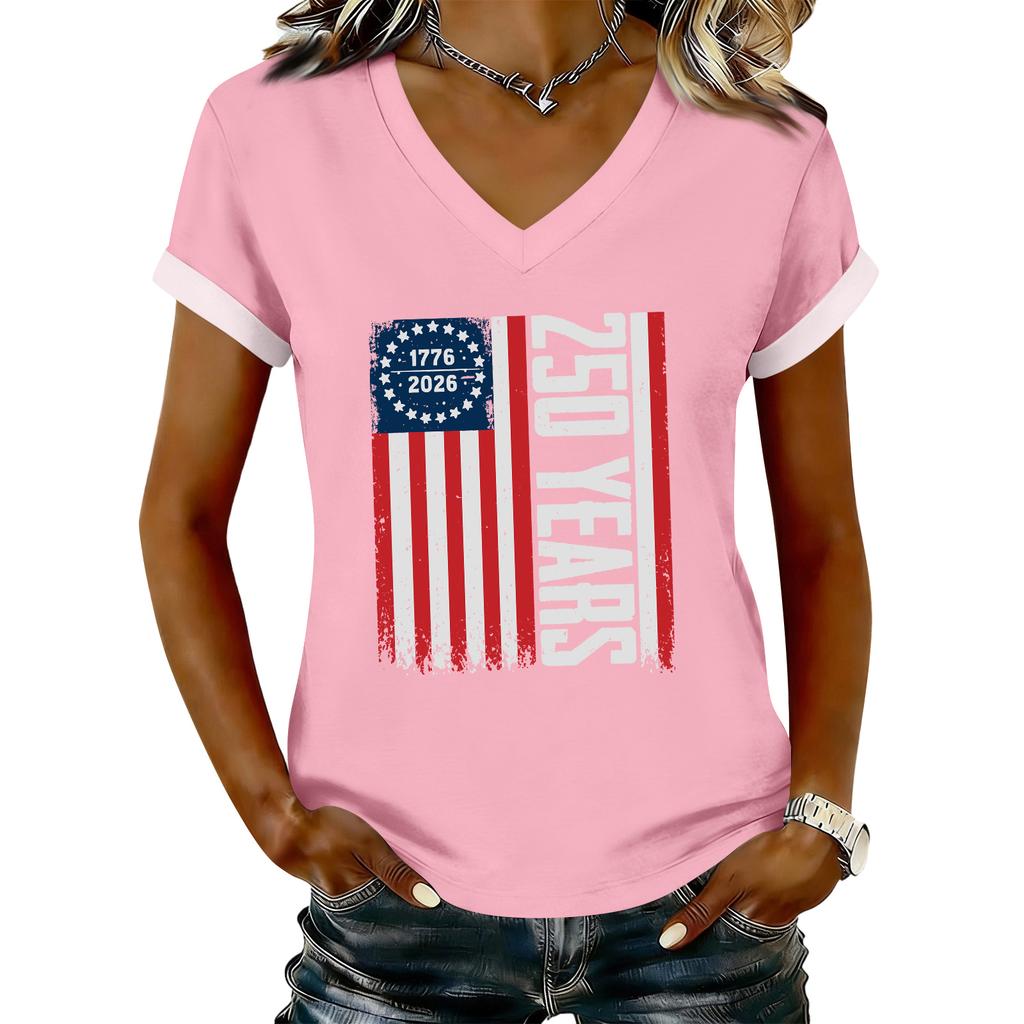 Women's Casual Printed T-Shirt V Neck Pullover Short Sleeve Top