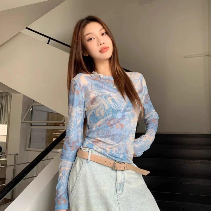 Vintage Batikmuster Dünnes Netz-T-Shirt Damen Frühling-Sommer Designte Nische Sonnenschutz Überwurf Einzigartiges Schickes Oberteil