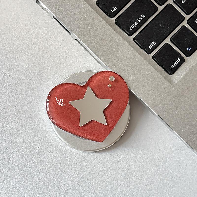 Heart-shaped Rhinestone Star Mirror Phone Holder with Magnetic Finger Ring