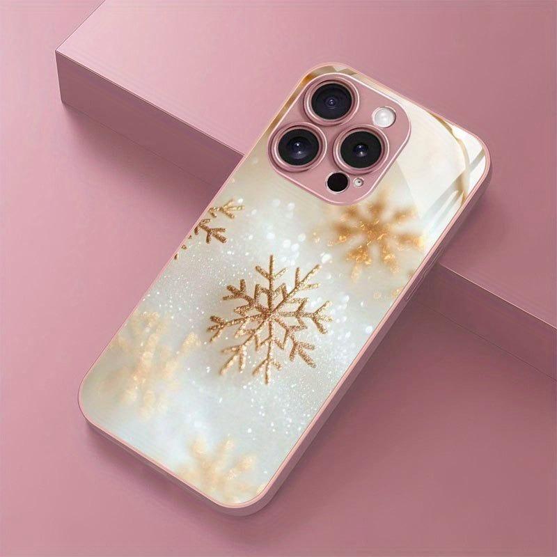 Golden Christmas Snowflake Pattern Metallic Paint Glass Phone Case For iPhone 17 16 15 14 13 12 11 Pro Max Plus 16E 17 Air Cover