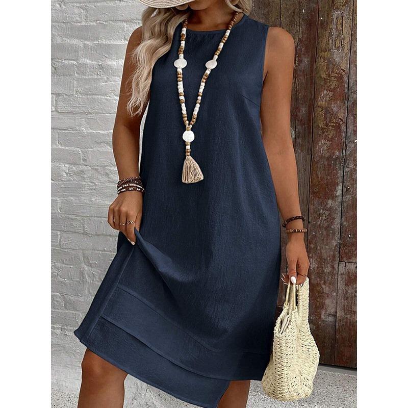 

JKASHDK Женская мода Лето Весна Однотонный Принт Без Рукавов V-образный Вырез Свободная Талия Повседневные Платья XL