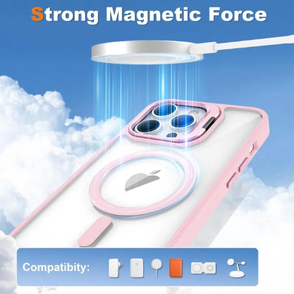 Luxury Transparent Phone Case For 16 15 14 13 12 11 Pro Max 17 Air For Magsafe Magnetic Lens Metal Stand Holder Cover