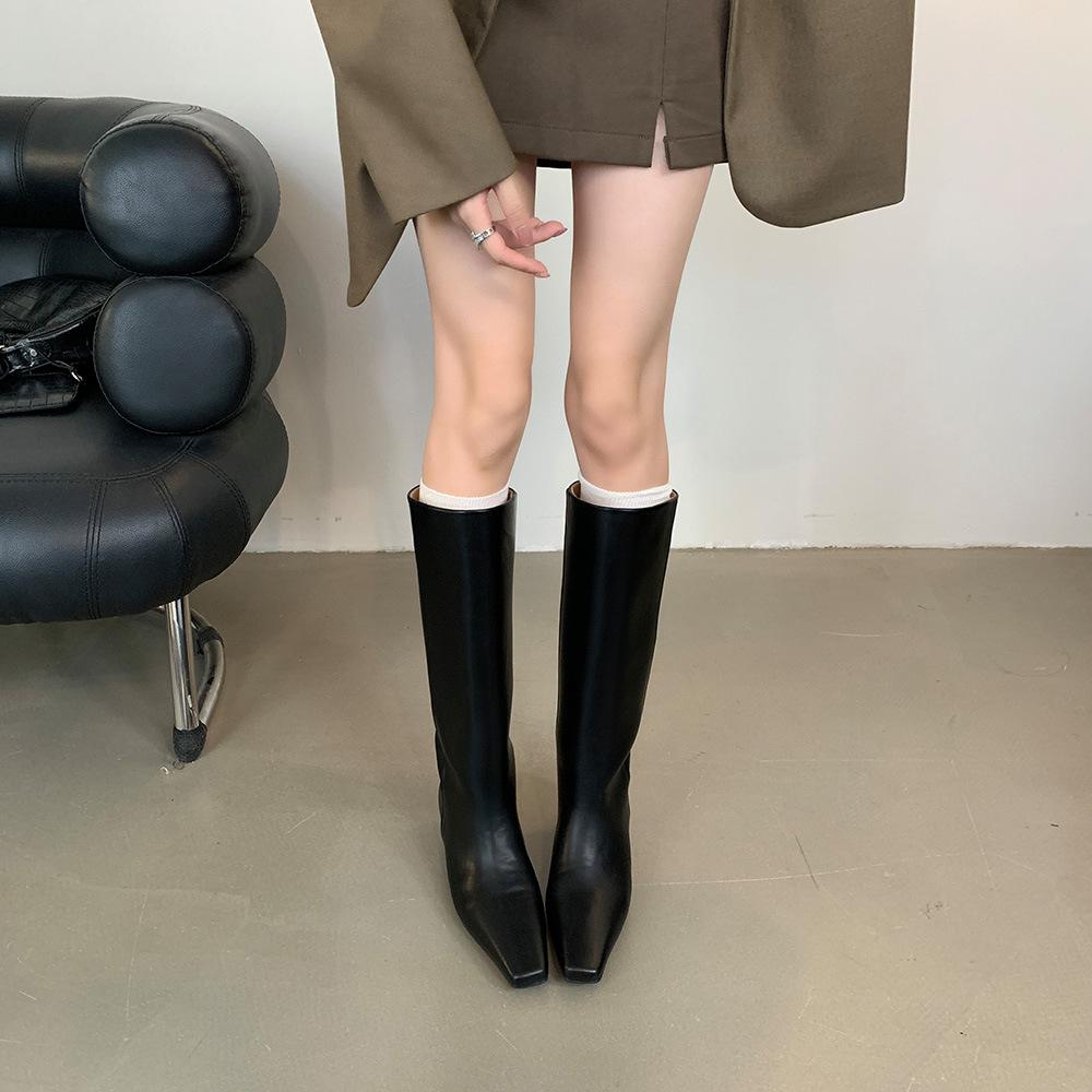 Fashion British Style Small Square Toe Knee High Knight Boots Women Black Shoe Soft Leather Solid Slip On Inner Wedges Long Boot Booties
