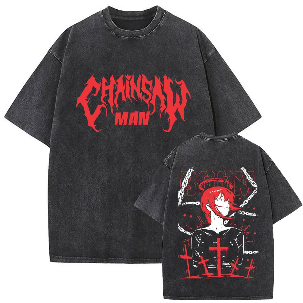 New Washed Vintage Anime Chainsaw Man Himeno Graphic Tshirt Men Women Casual Cotton Retro T Shirts Mens Cartoon Tshirts
