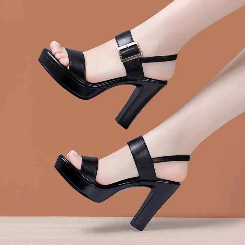 10cm Small Size 32-43 Sexy Genuine Leather Shoes Women's Thick Platform Sandals 2025 Block High Heels Sandals for Office Model