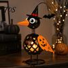 Creative Halloween Gift Wrought Iron Crow And Pumpkin Ornament, Metal Bird Candle Holiday Home Accents Holder Statue with LED for Table Decor