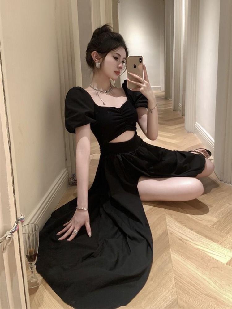 French Hollow Out Short Sleeve Black Maxi Dress Women Vintage Warm Square Collar A Line Dresses Female Summer Chic Vented Party Clothes Lady