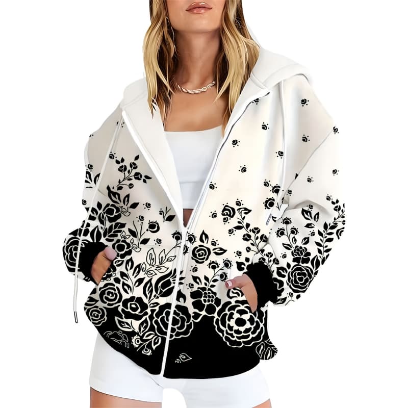 Women's 3D Printed Zipper Hooded Sweatshirt, Long Sleeves, Casual Sport Style