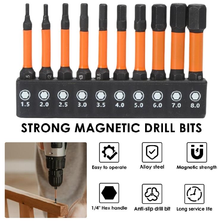10Pcs H1.5-H8 Hex Allen Wrenches Drill Bit Set Allen Screwdriver Bit Hex Key Screwdriver Bit Set 1/4inch Maintenance Too